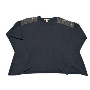 Autumn Cashmere Navy Blue 100% Pure Cashmere Studded Shoulder Crewneck Sweater M